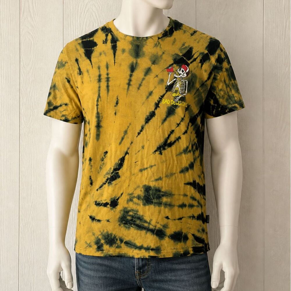 Dikotomy Tie Dye Graphic Tee “Bad Decisions” Skeleton Shirt Yellow Black Size S